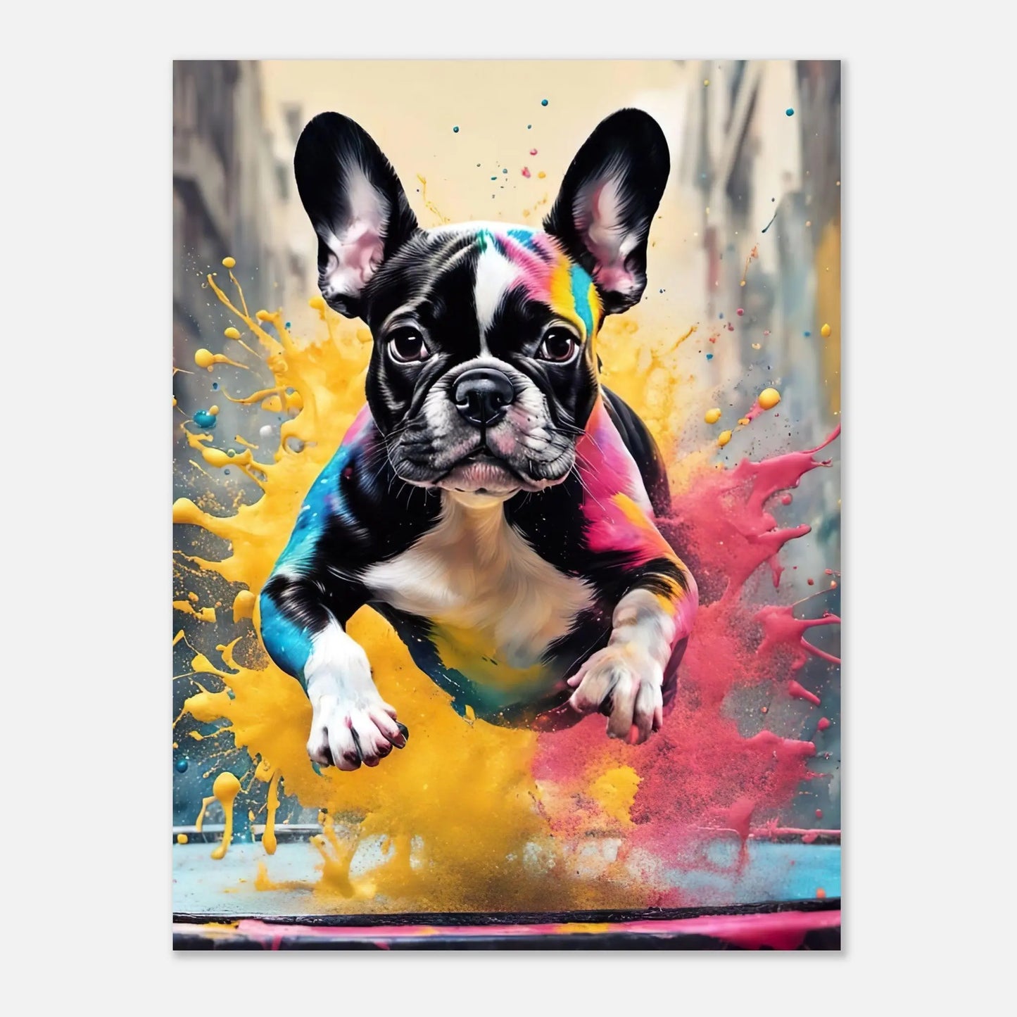 Aluminiumdruck - Französische Bulldogge - Splash Art Stil, KI-Kunst RolConArt