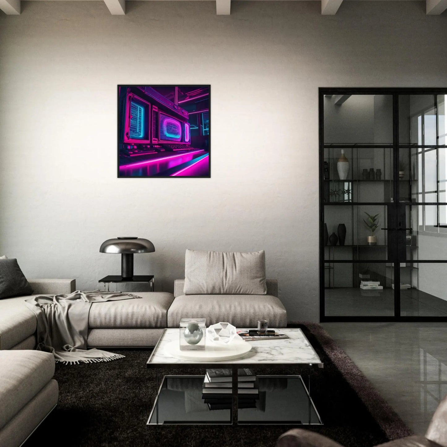 Gerahmtes Premium-Poster - Retro Computer - Neon Stil, KI-Kunst - RolConArt, Neon,