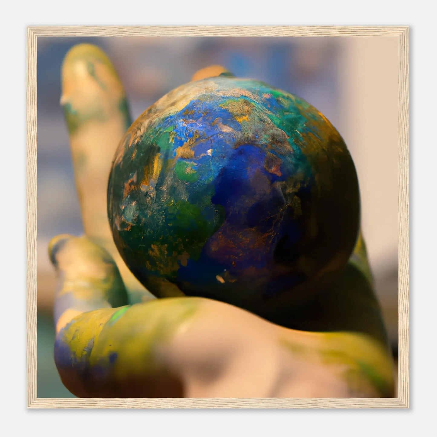 Gerahmtes Premium-Poster - Planet in der Hand - Foto Stil, KI-Kunst - RolConArt, Fotokunst - Kreative Vielfalt, 50x50-cm-20x20-Holz