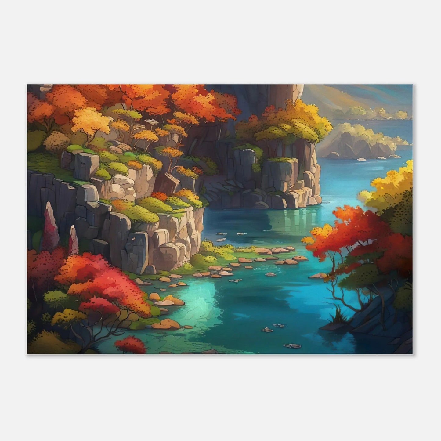 Leinwandbild - Landschaft mit See - Malerischer Stil, KI-Kunst - RolConArt, Landschaften, 70x100-cm-28x40