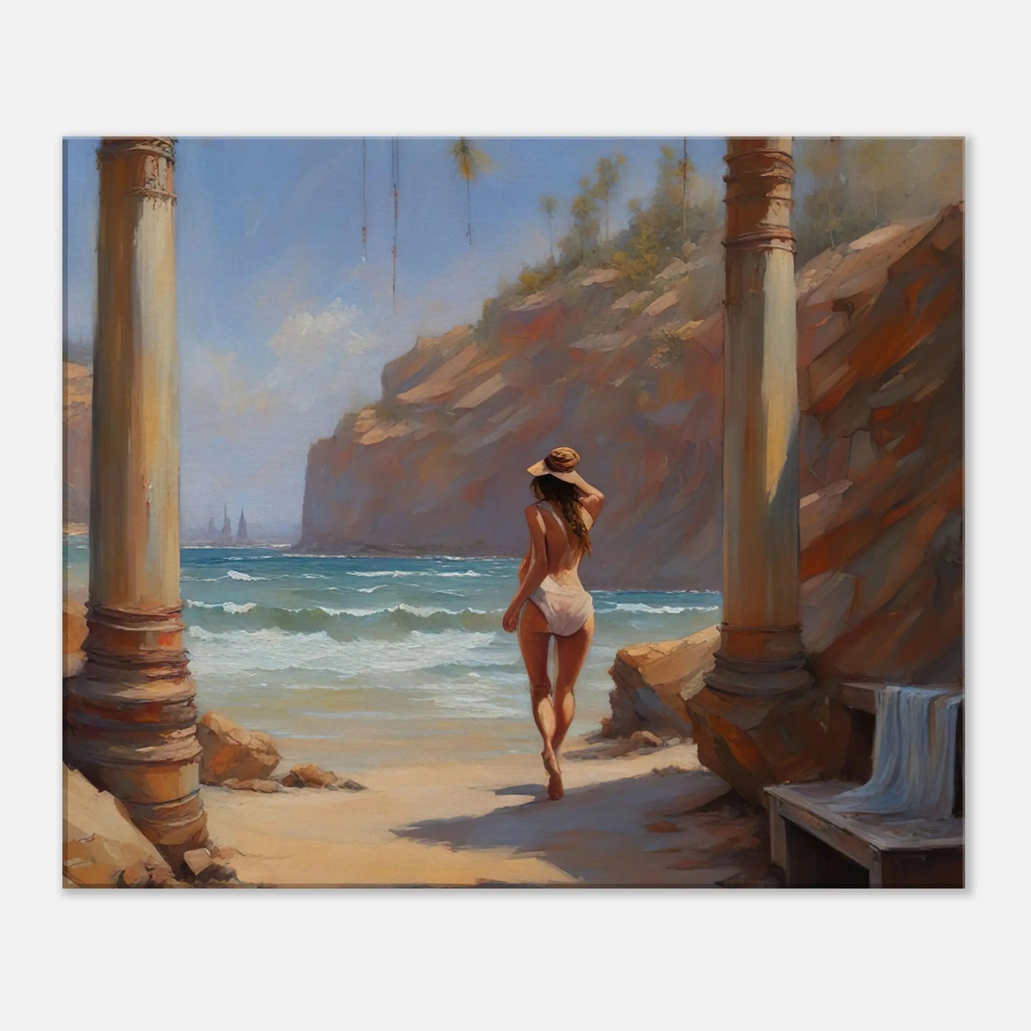 Leinwandbild - Strandlandschaft mit Frau - Malerischer Stil, KI-Kunst - RolConArt, Landschaften, 50x60-cm-20x24