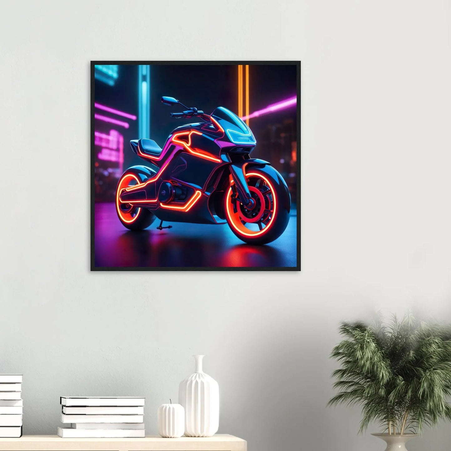 Gerahmtes Premium-Poster -Futuristisches Motorrad- Neon Stil, KI-Kunst - RolConArt, Neon,