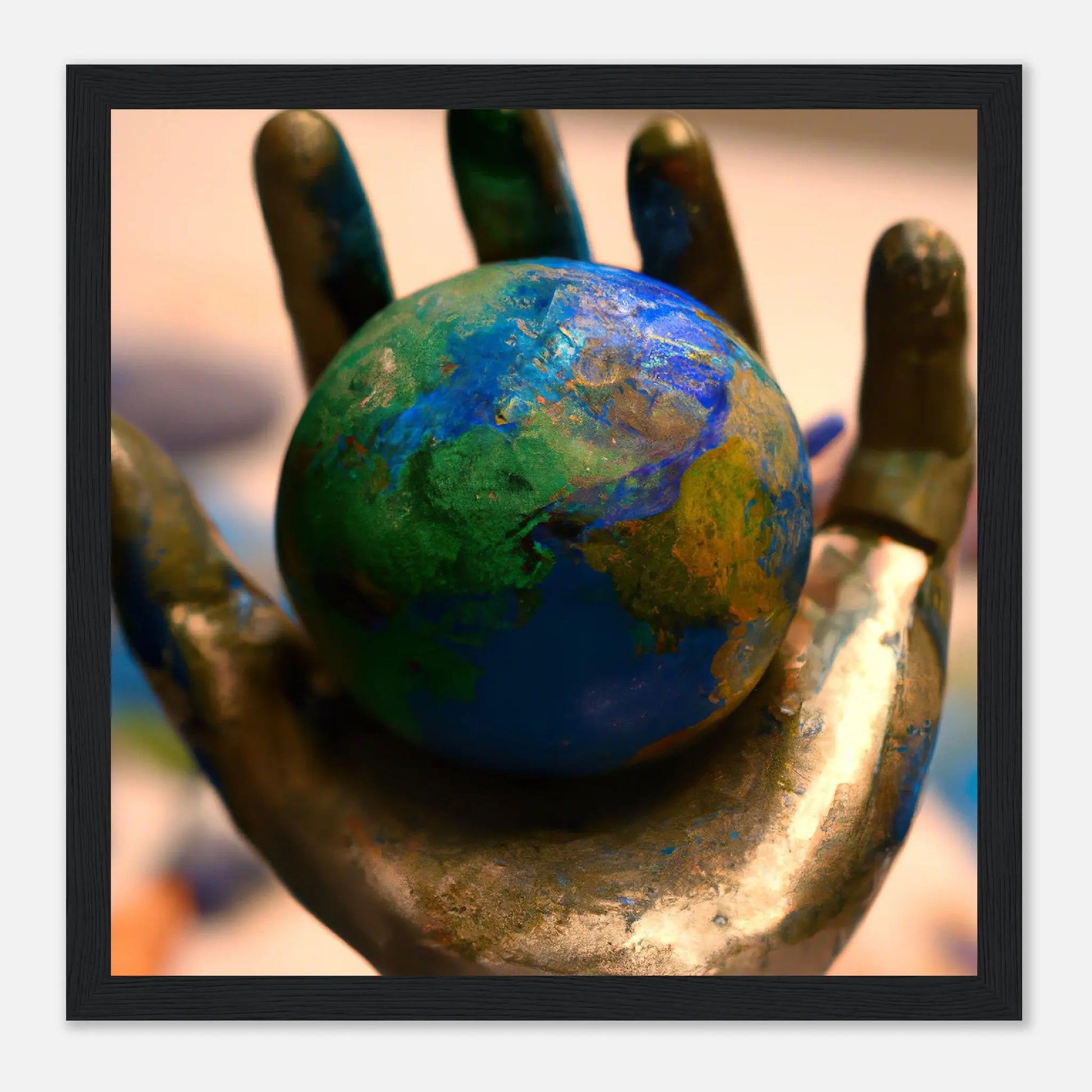 Gerahmtes Premium-Poster - Planet in der Hand - Foto Stil, KI-Kunst - RolConArt, Fotokunst - Kreative Vielfalt, 30x30-cm-12x12-Schwarz