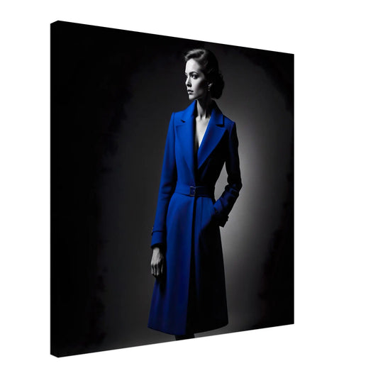 Leinwandbild - Frau im blauen Mantel - Schwarz-Weiß Stil, KI-Kunst - RolConArt, Schwarz-Weiß mit Akzentfarben,