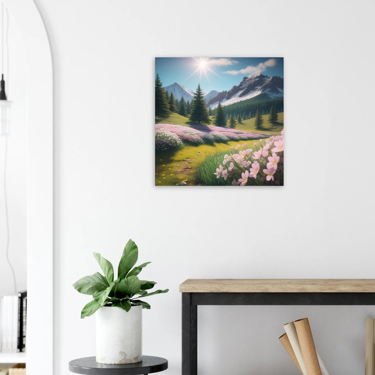 Moderner Forex-Druck - Blühende Berglandschaft - Foto Stil, KI-Kunst - RolConArt, Landschaften, 60x60-cm-24x24-Weiß