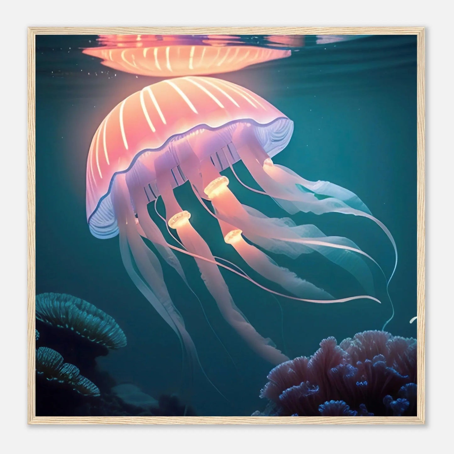 Gerahmtes Premium-Poster - Qualle - Digitaler Stil, KI-Kunst - RolConArt, Unterwasserlandschaften, 70x70-cm-28x28-Holzrahmen