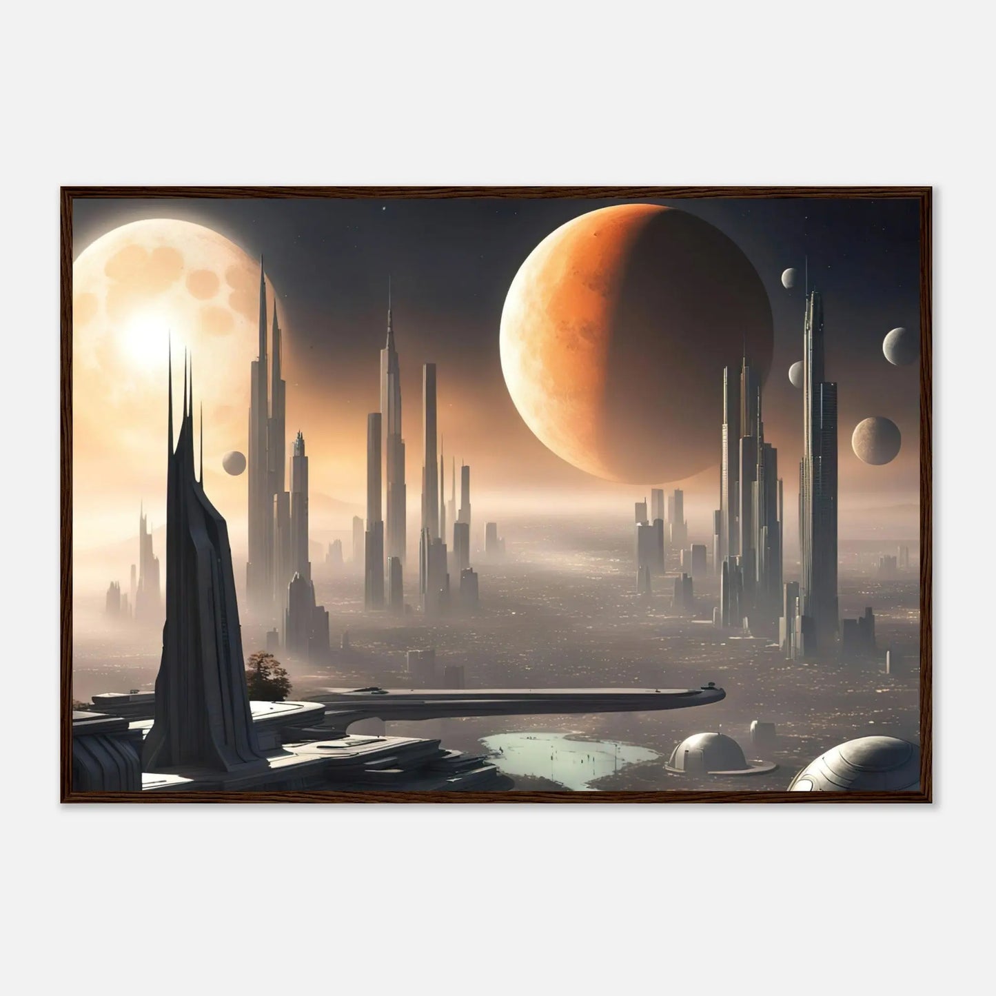 Gerahmtes Premium-Poster -Futuristische Welt- Digitaler Stil, KI-Kunst - RolConArt, Sci-Fi, 70x100-cm-28x40-Dunkler-Holzrahmen