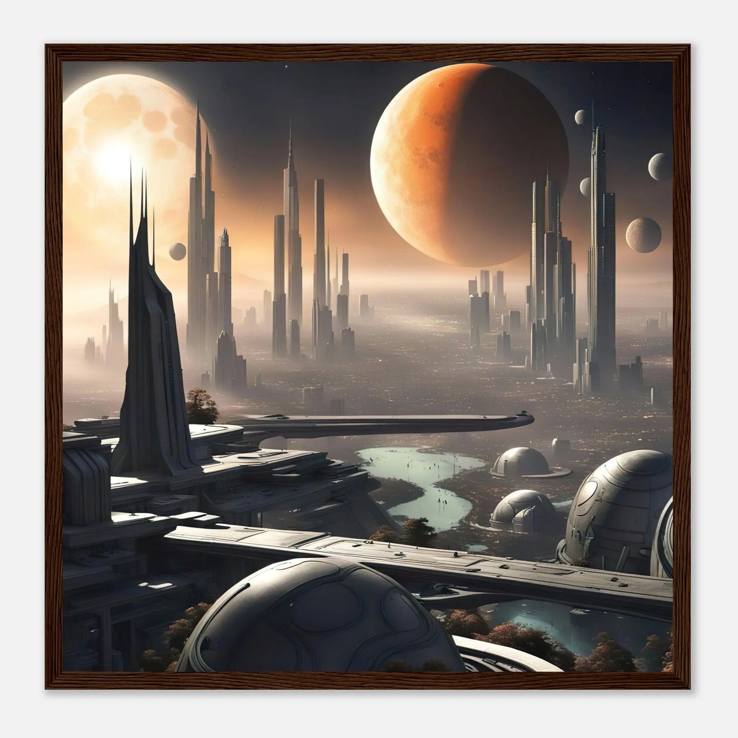 Gerahmtes Premium-Poster -Futuristische Welt- Digitaler Stil, KI-Kunst - RolConArt, Sci-Fi, 50x50-cm-20x20-Dunkler-Holzrahmen