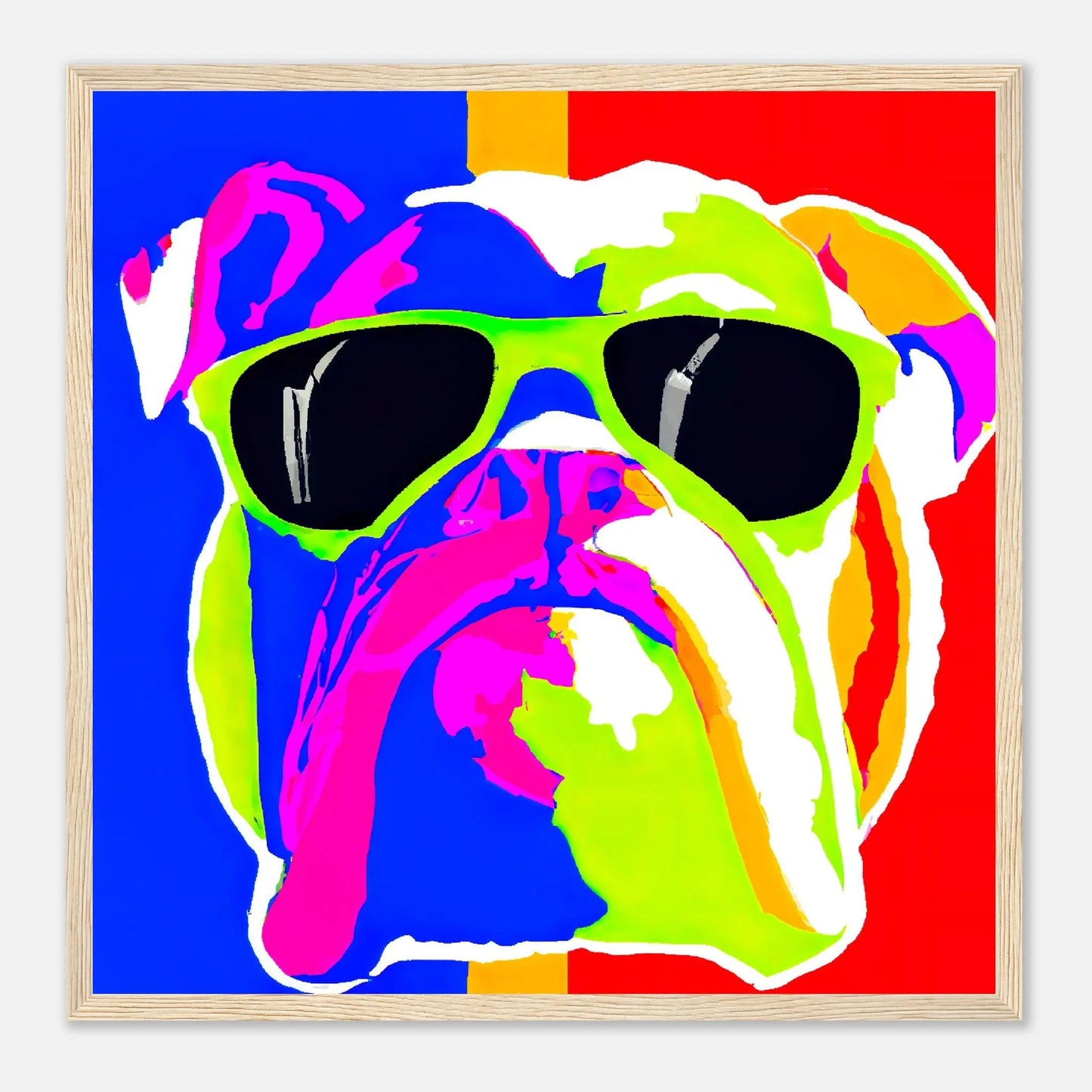 Gerahmtes Premium-Poster - Englische Bulldogge - Pop Art Stil, KI-Kunst - RolConArt, Pop Art - Tiere, 50x50-cm-20x20-Holz