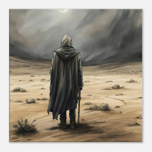 Leinwandbild - Eine Person in der Wüste - Malerischer Stil, KI-Kunst - RolConArt, Malerischer Stil - Porträts, 60x60-cm-24x24