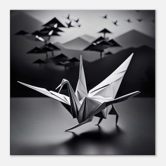 Leinwandbild - Vogel - Schwarz-Weiß, Origami Stil, KI-Kunst - RolConArt, Origami Kunst, 60x60-cm-24x24