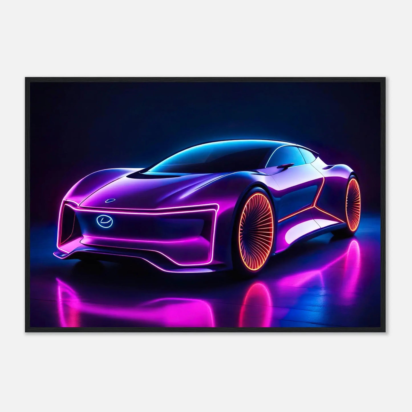 Gerahmtes Premium-Poster -Futuristisches Fahrzeug- Neon Stil, KI-Kunst - RolConArt, Neon, 70x100-cm-28x40-Schwarzer-Rahmen