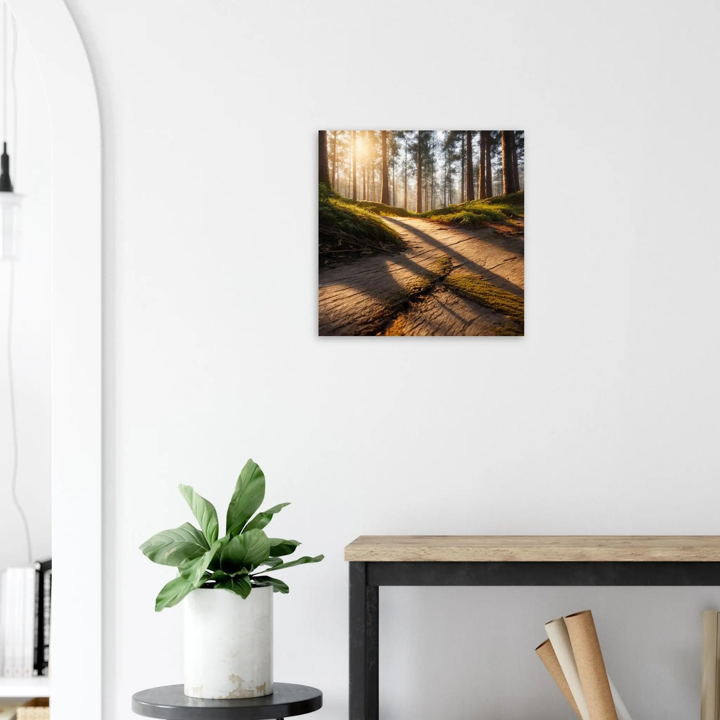 Moderner Forex-Druck - Holzweg im Wald - Foto Stil, KI-Kunst - RolConArt, Landschaften, 50x50-cm-20x20-Schwarz