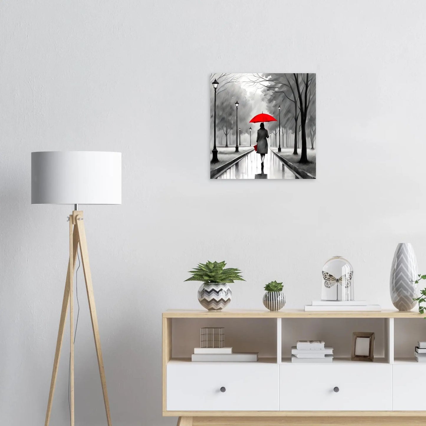 Moderner Forex-Druck - Frau im Park bei Regen - Schwarz-Weiß, KI-Kunst RolConArt