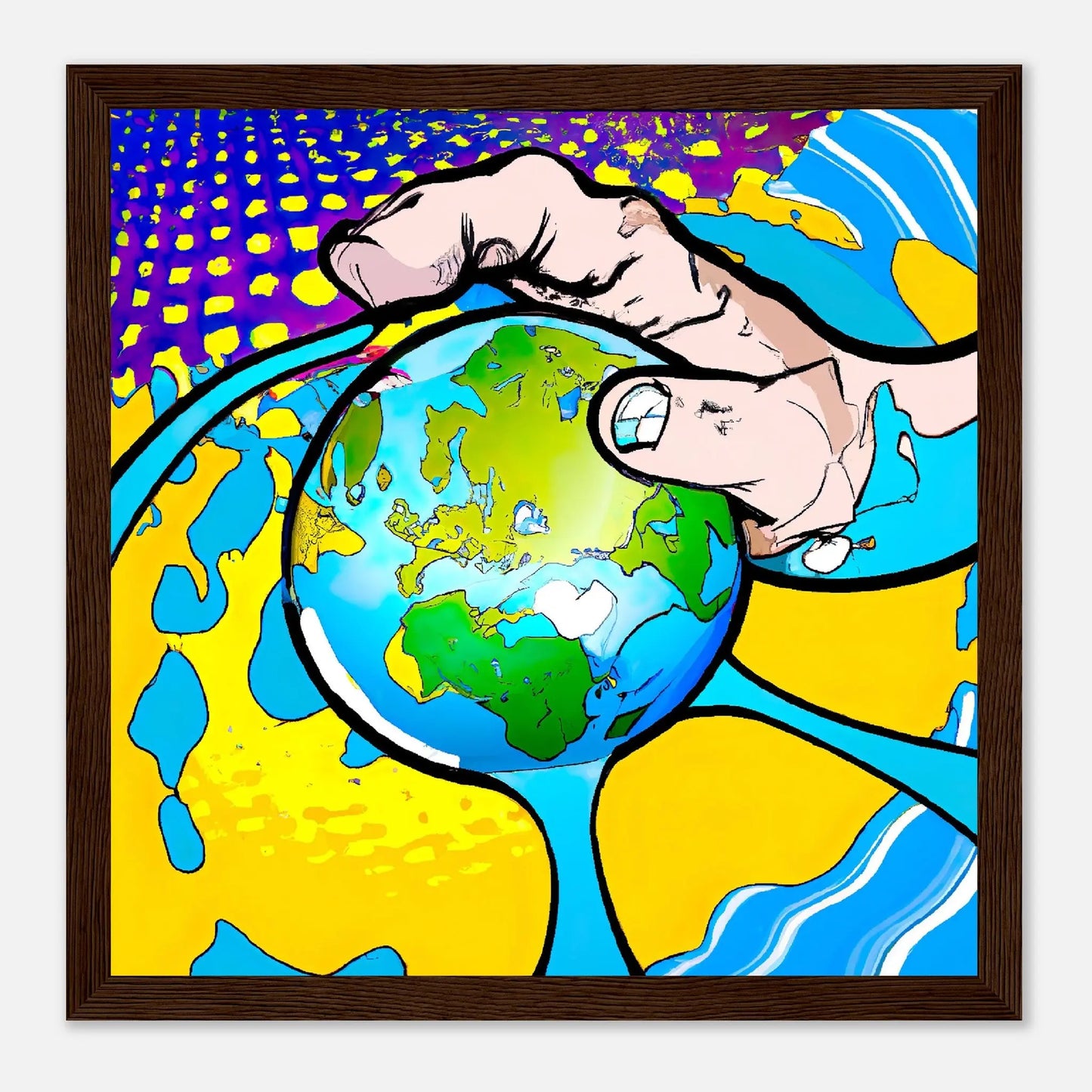 Gerahmtes Premium-Poster - Planet in der Hand - Cartoon Stil, KI-Kunst - RolConArt, Cartoon, 30x30-cm-12x12-Dunkles-Holz