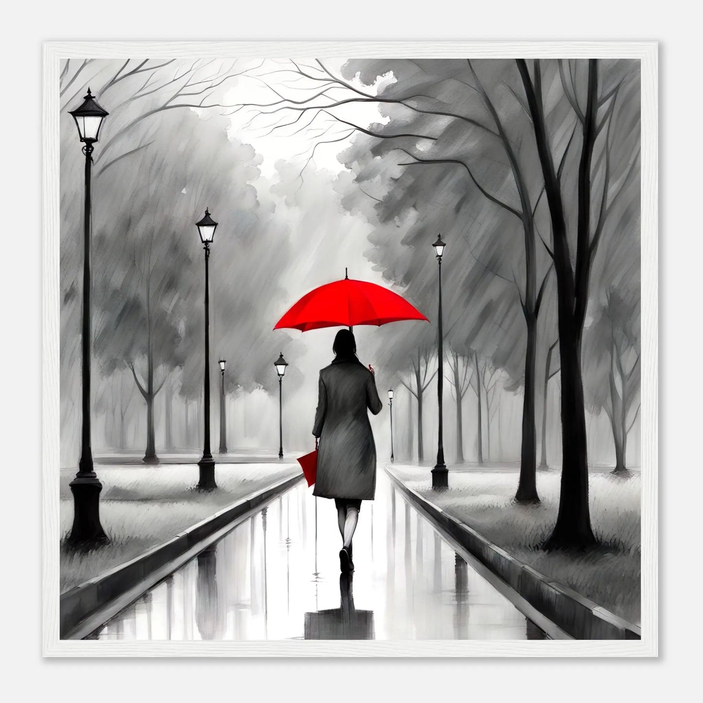 Gerahmtes Premium-Poster - Frau im Park - Schwarz-Weiß, KI-Kunst - RolConArt, Schwarz-Weiß mit Akzentfarben, 50x50-cm-20x20-Weißer-Rahmen