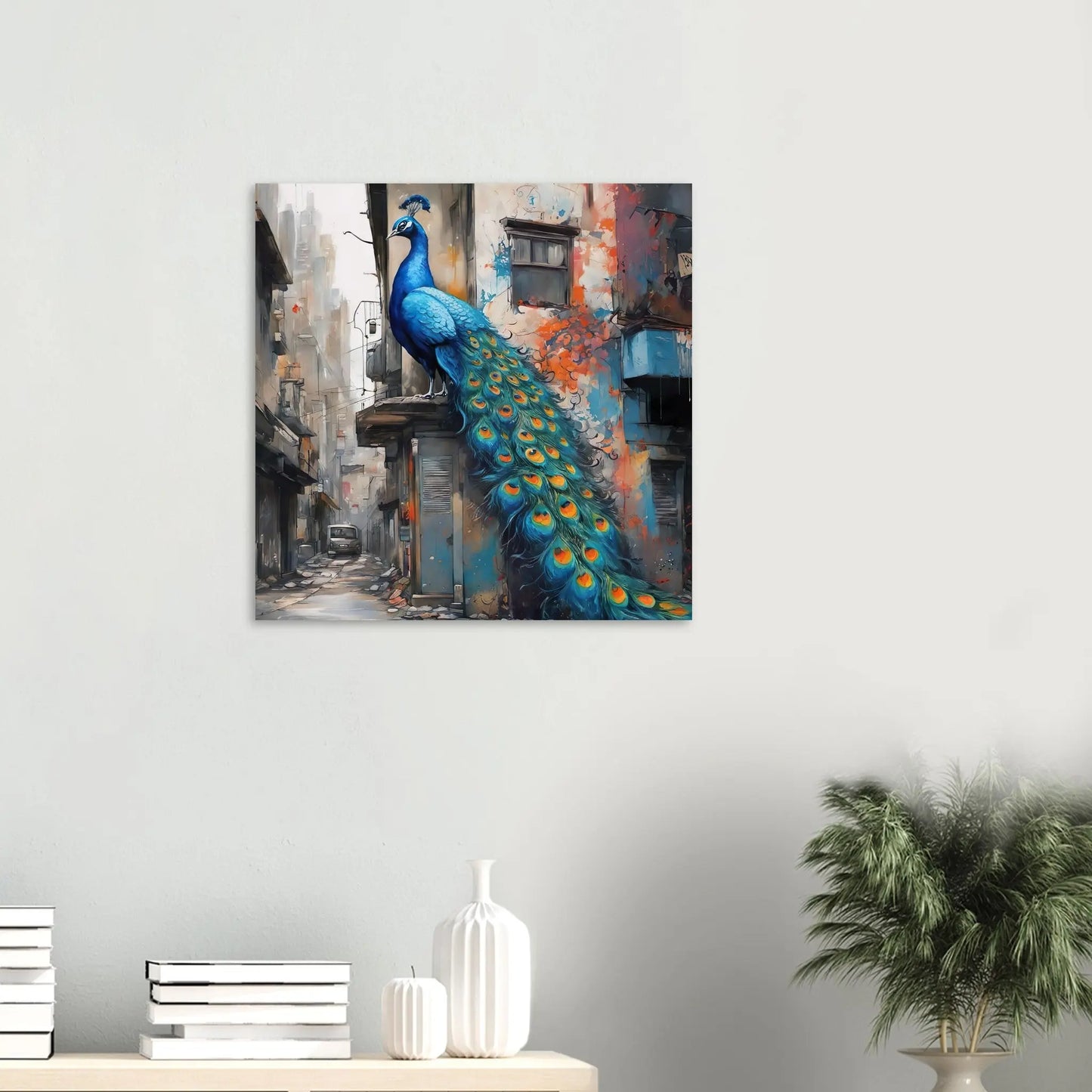 Aluminiumdruck - Blauer Pfau - Splash Art Stil, KI-Kunst RolConArt