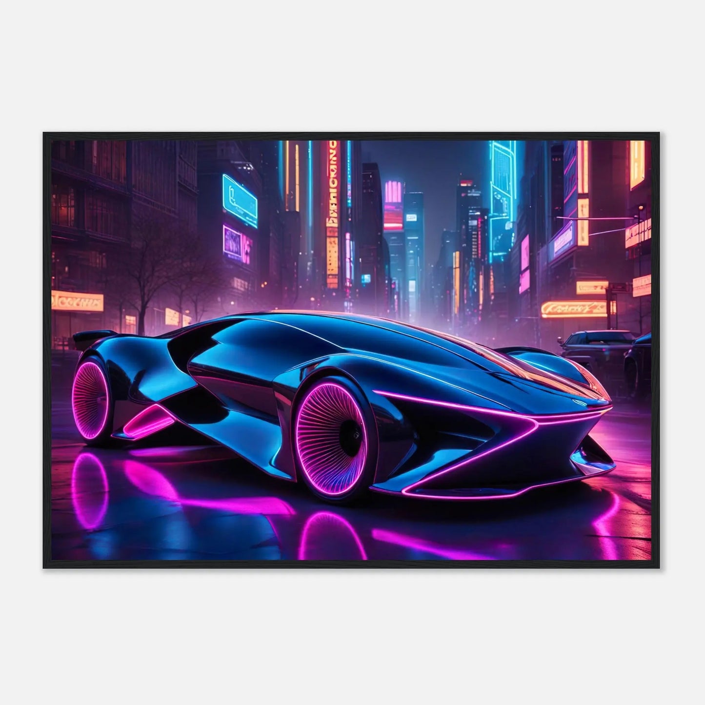 Gerahmtes Premium-Poster -Futuristisches Fahrzeug- Neon Stil, KI-Kunst - RolConArt, Neon, 70x100-cm-28x40-Schwarzer-Rahmen
