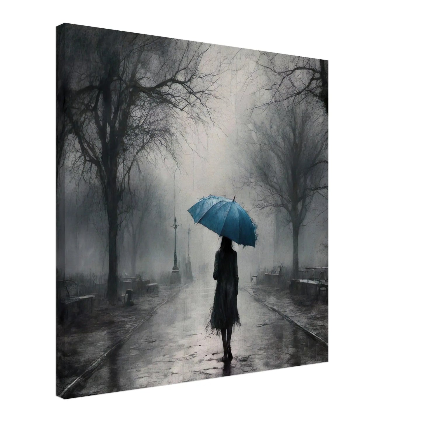 Leinwandbild -Frau mit einem blauen Regenschirm- Schwarz-Weiß, KI-Kunst - RolConArt, Schwarz-Weiß mit Akzentfarben,