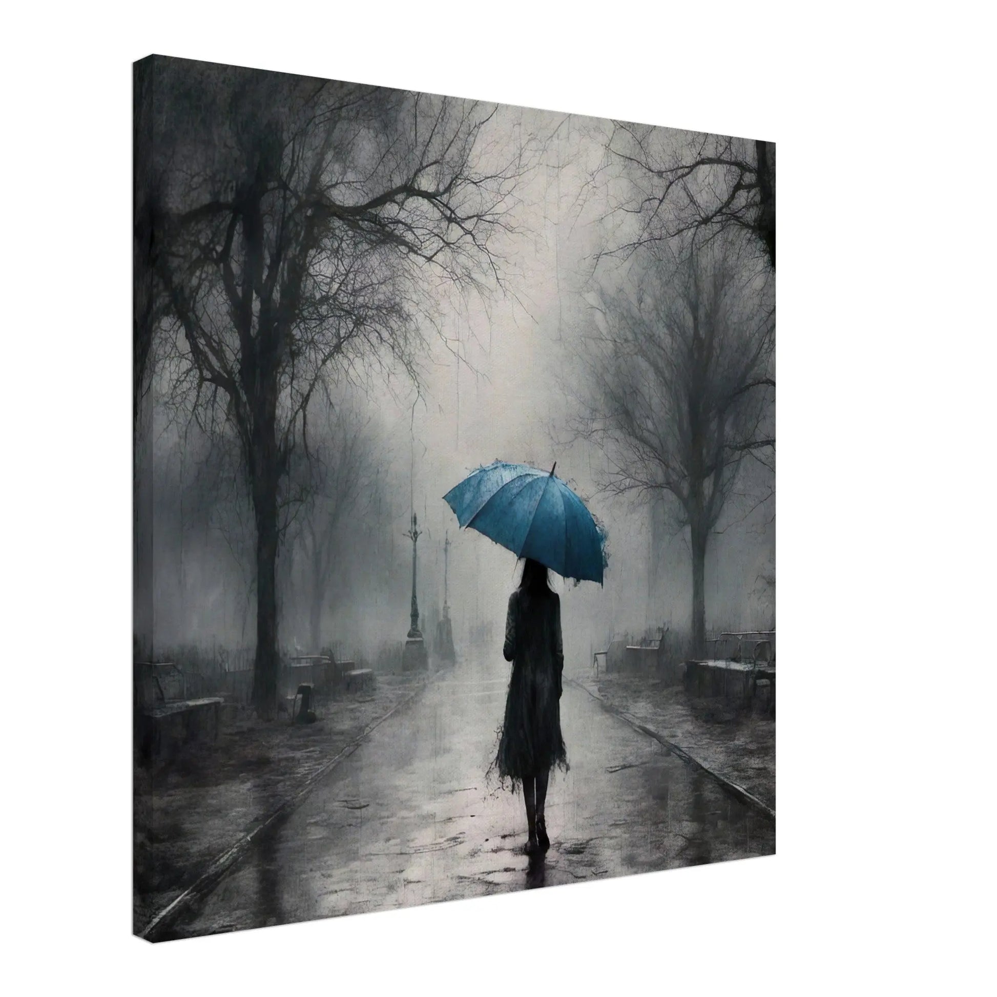 Leinwandbild -Frau mit einem blauen Regenschirm- Schwarz-Weiß, KI-Kunst - RolConArt, Schwarz-Weiß mit Akzentfarben,