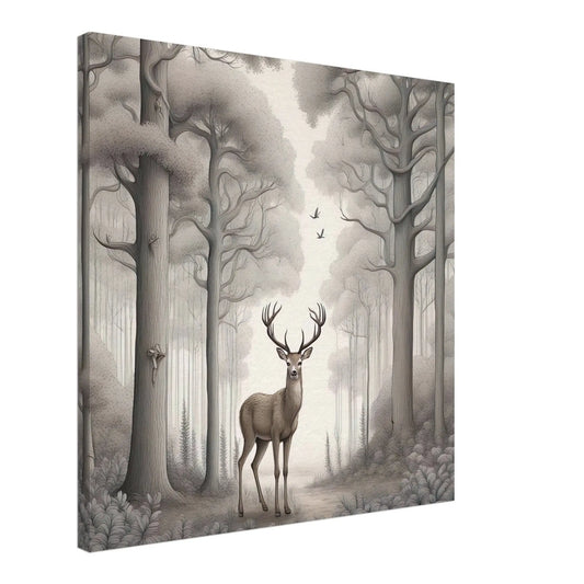 Leinwandbild - Hirsch im Wald - Schwarz-Weiß, Bleistift Stil, KI-Kunst - RolConArt, Schwarz-Weiß,