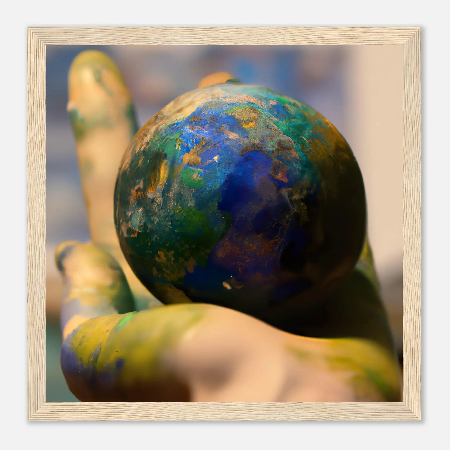 Gerahmtes Premium-Poster - Planet in der Hand - Foto Stil, KI-Kunst - RolConArt, Fotokunst - Kreative Vielfalt, 30x30-cm-12x12-Holz