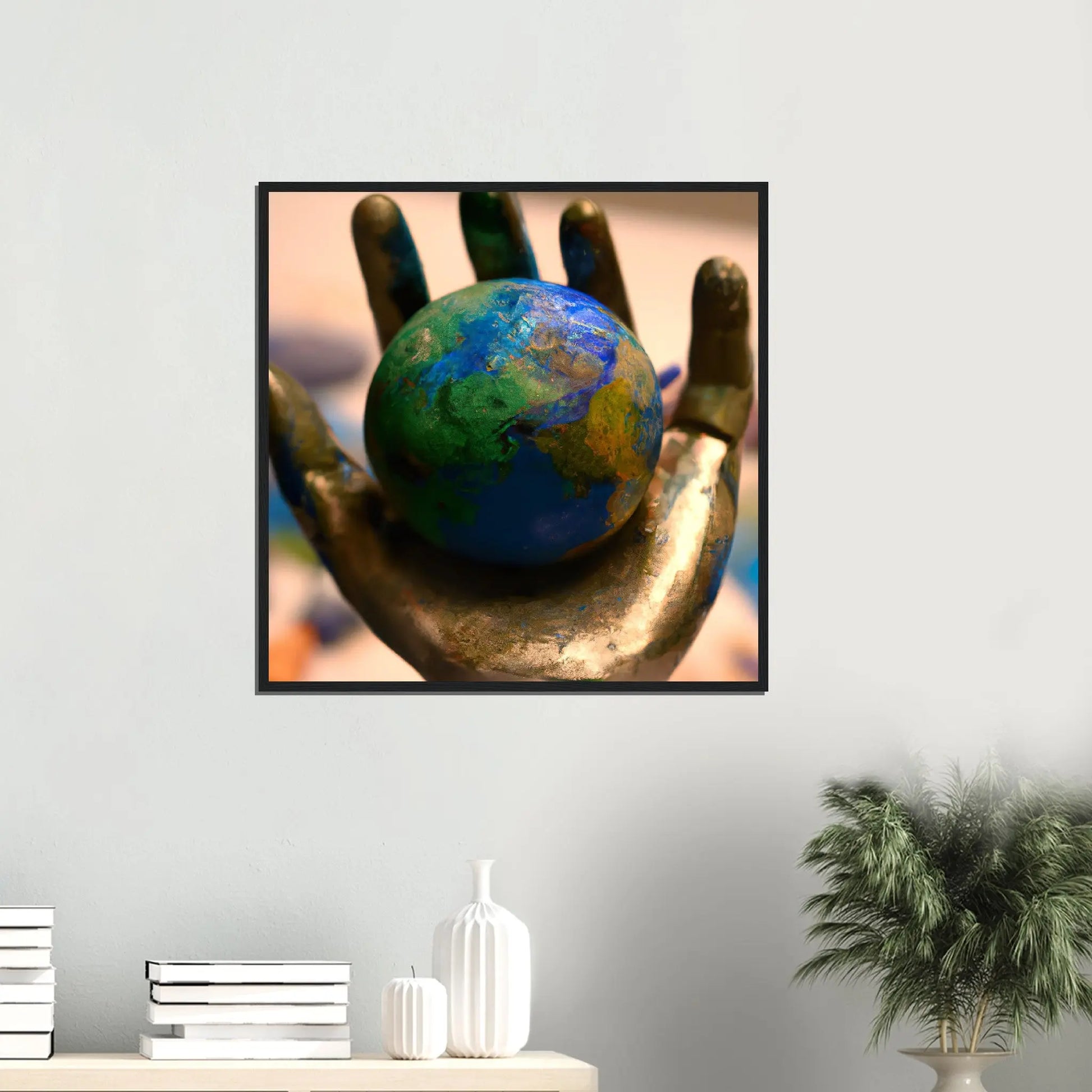 Gerahmtes Premium-Poster - Planet in der Hand - Foto Stil, KI-Kunst - RolConArt, Fotokunst - Kreative Vielfalt,