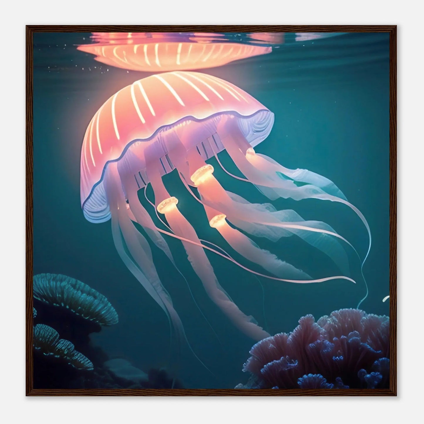 Gerahmtes Premium-Poster - Qualle - Digitaler Stil, KI-Kunst - RolConArt, Unterwasserlandschaften, 70x70-cm-28x28-Dunkler-Holzrahmen