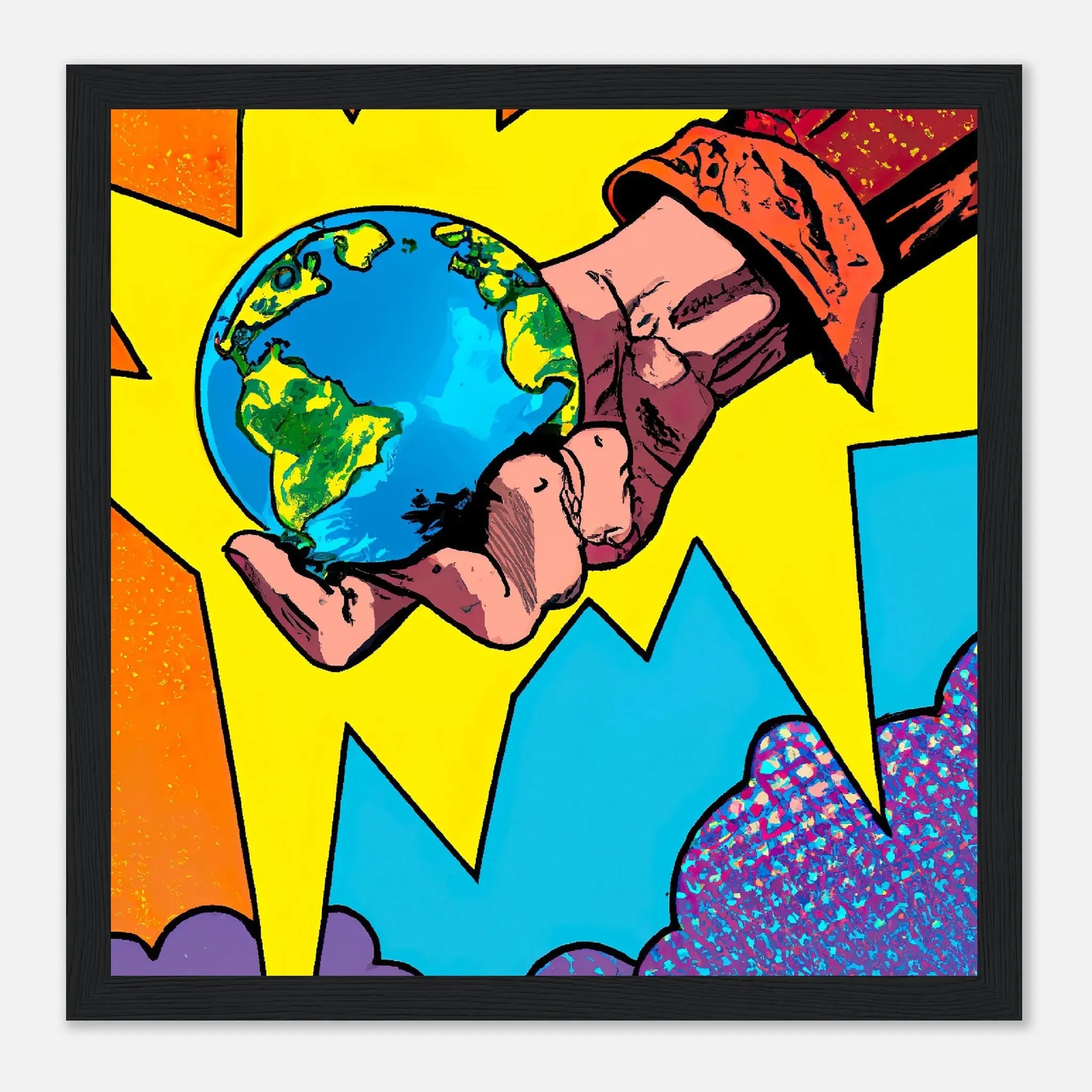 Gerahmtes Premium-Poster - Planet in der Hand - Cartoon Stil, KI-Kunst - RolConArt, Cartoon, 30x30-cm-12x12-Schwarz