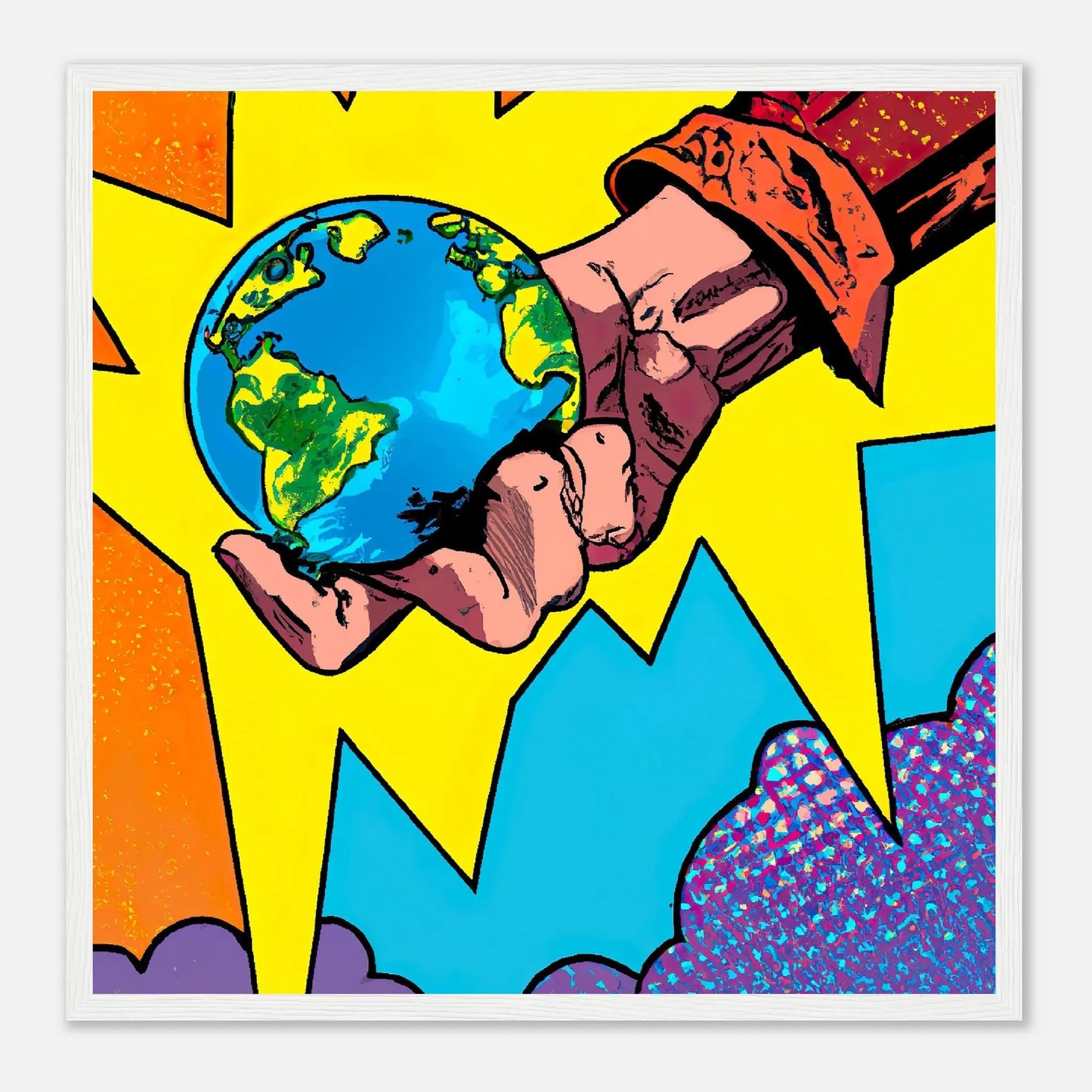 Gerahmtes Premium-Poster - Planet in der Hand - Cartoon Stil, KI-Kunst - RolConArt, Cartoon, 50x50-cm-20x20-Weiß