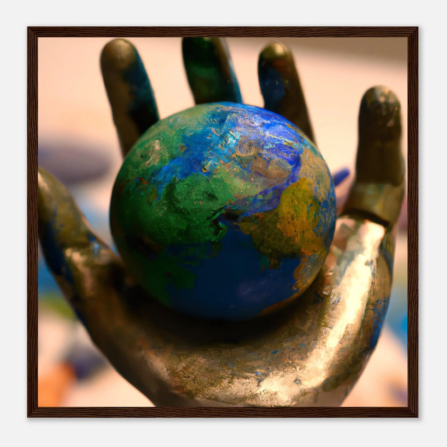 Gerahmtes Premium-Poster - Planet in der Hand - Foto Stil, KI-Kunst - RolConArt, Fotokunst - Kreative Vielfalt, 50x50-cm-20x20-Dunkles-Holz