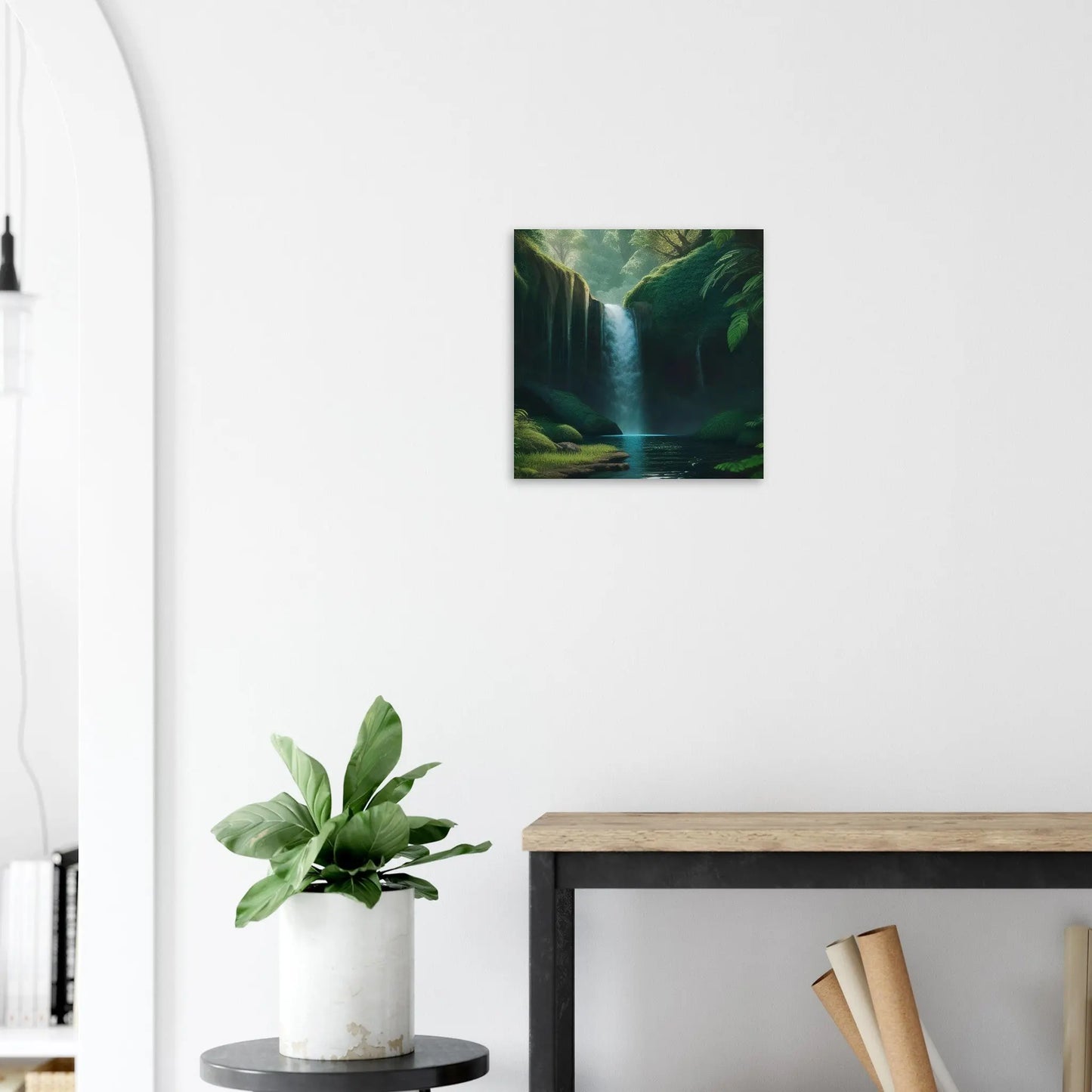 Moderner Forex-Druck - Wasserfall im Wald - Foto Stil, KI-Kunst - RolConArt, Landschaften, 40x40-cm-16x16-Weiß