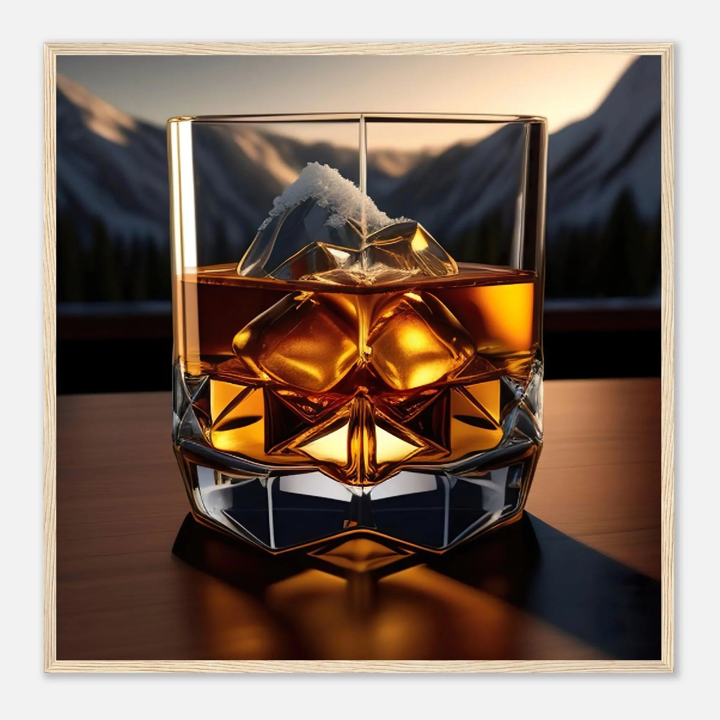 Gerahmtes Premium-Poster - Whiskey im Glas - Foto Stil, KI-Kunst - RolConArt, Kreative Vielfalt, 70x70-cm-28x28-Holzrahmen