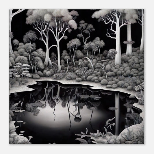 Leinwandbild -Garten mit Teich- Schwarz-Weiß, Digitaler Stil, KI-Kunst - RolConArt, Schwarz-Weiß, 60x60-cm-24x24