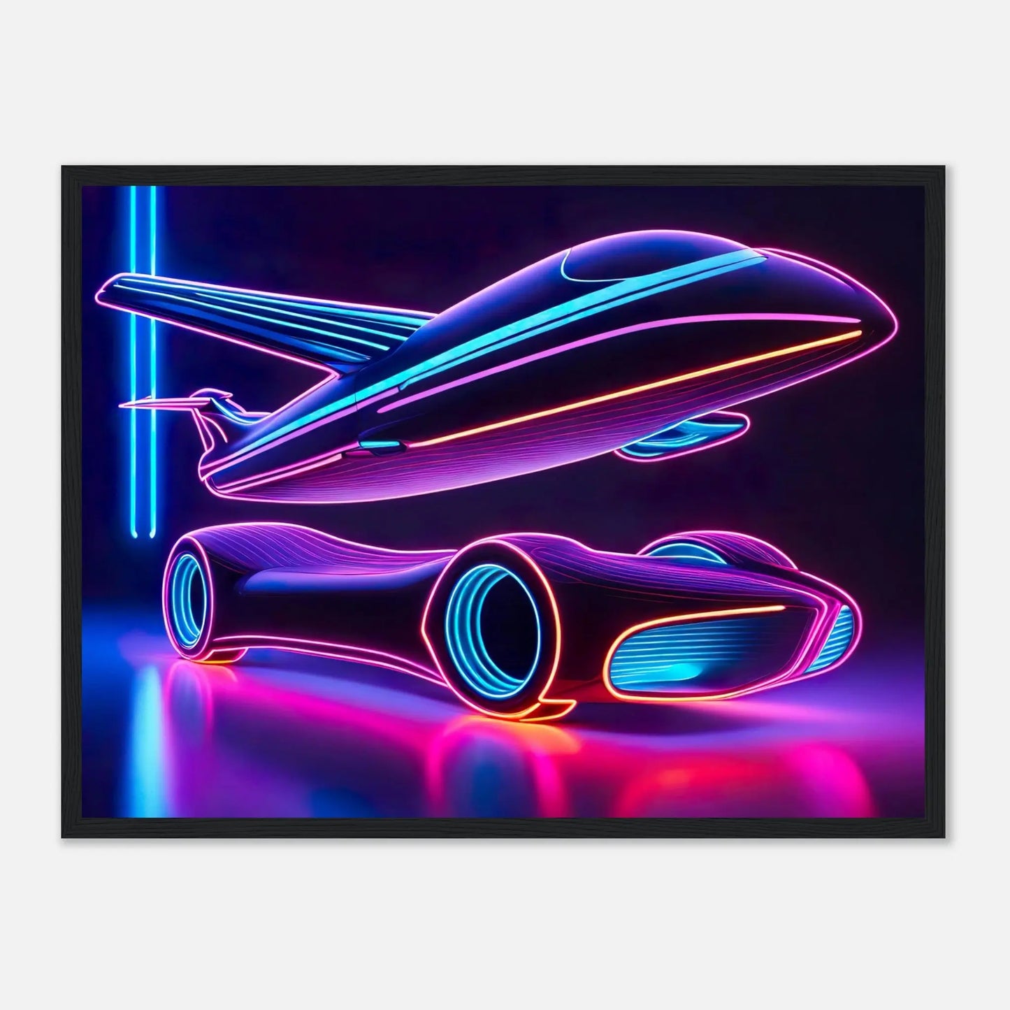 Gerahmtes Premium-Poster -Futuristisches Fahrzeug- Neon Stil, KI-Kunst - RolConArt, Neon, 45x60-cm-18x24-Schwarzer-Rahmen