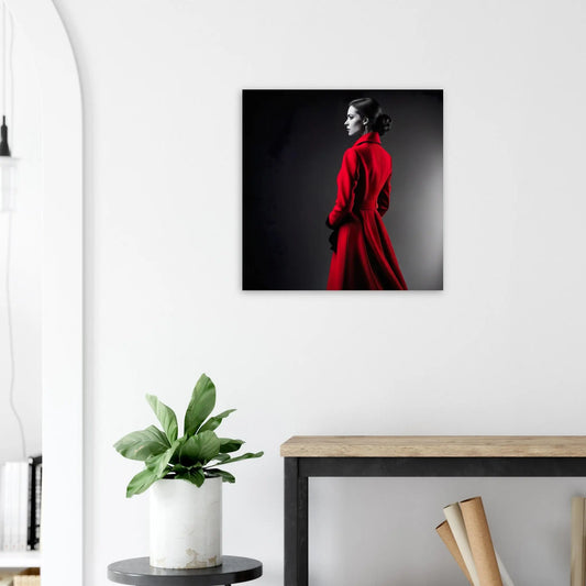 Moderner Forex-Druck - Frau im roten Mantel - Schwarz-Weiß, KI-Kunst RolConArt