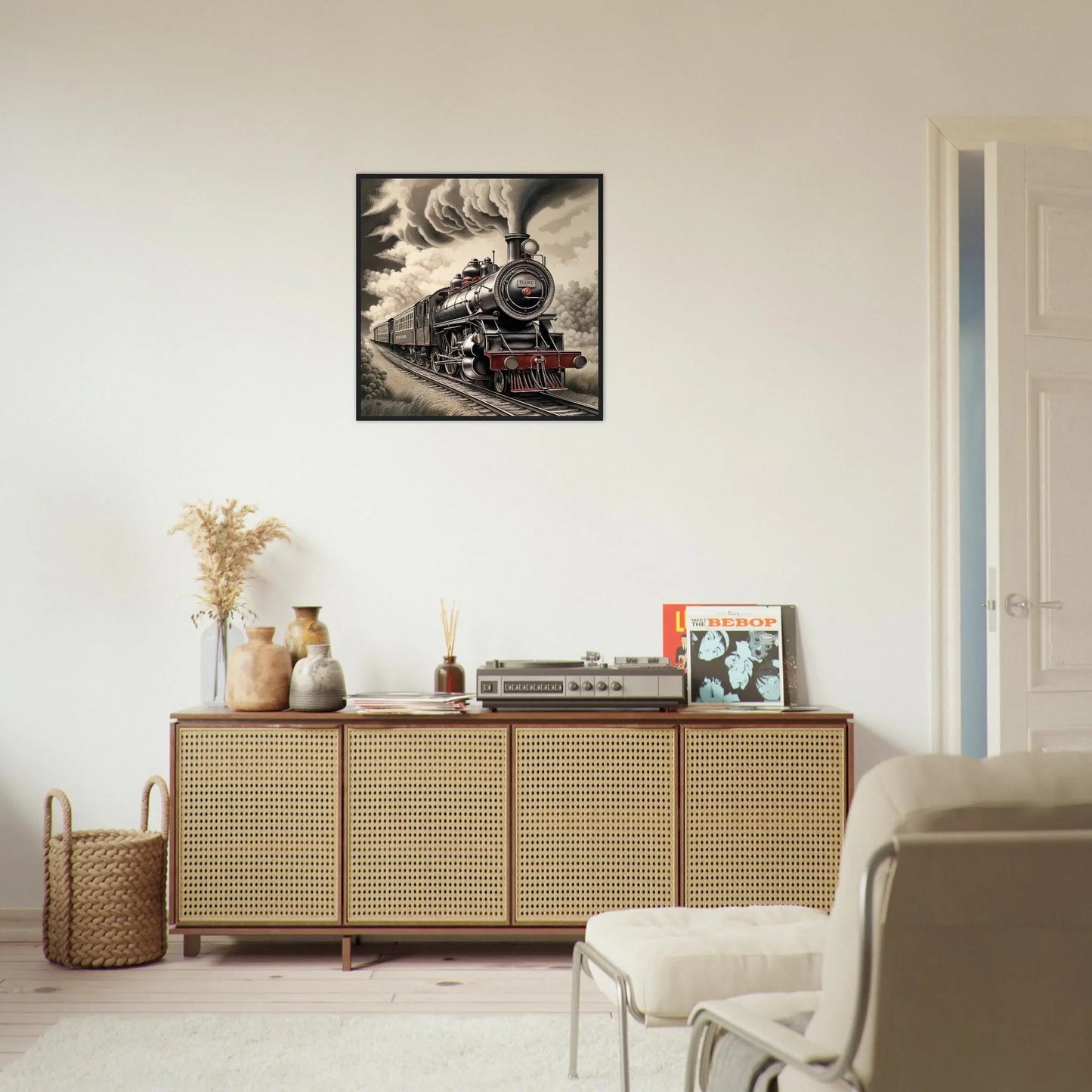 Gerahmtes Premium-Poster - Dampflokomotive - Schwarz-Weiß, KI-Kunst - RolConArt, Schwarz-Weiß mit Akzentfarben,