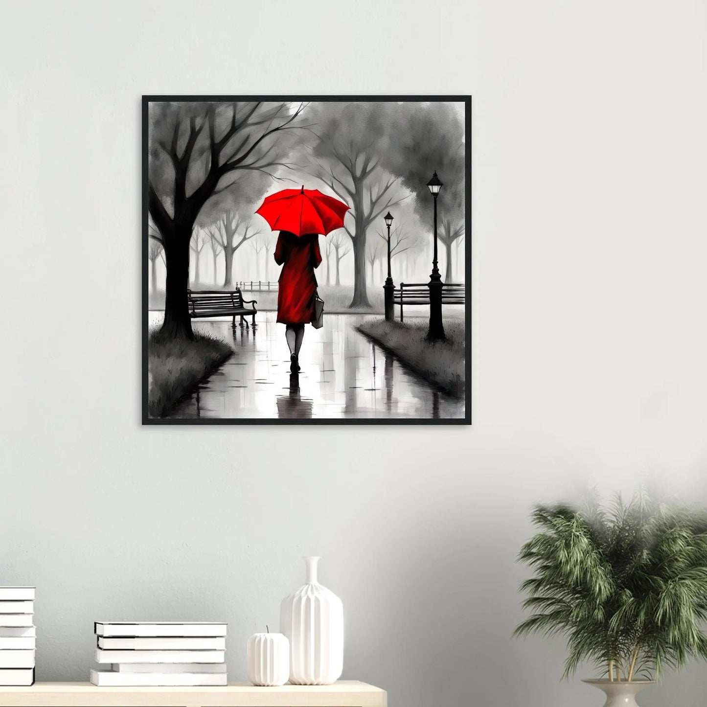 Gerahmtes Premium-Poster - Frau im Park - Schwarz-Weiß, KI-Kunst - RolConArt, Schwarz-Weiß mit Akzentfarben,