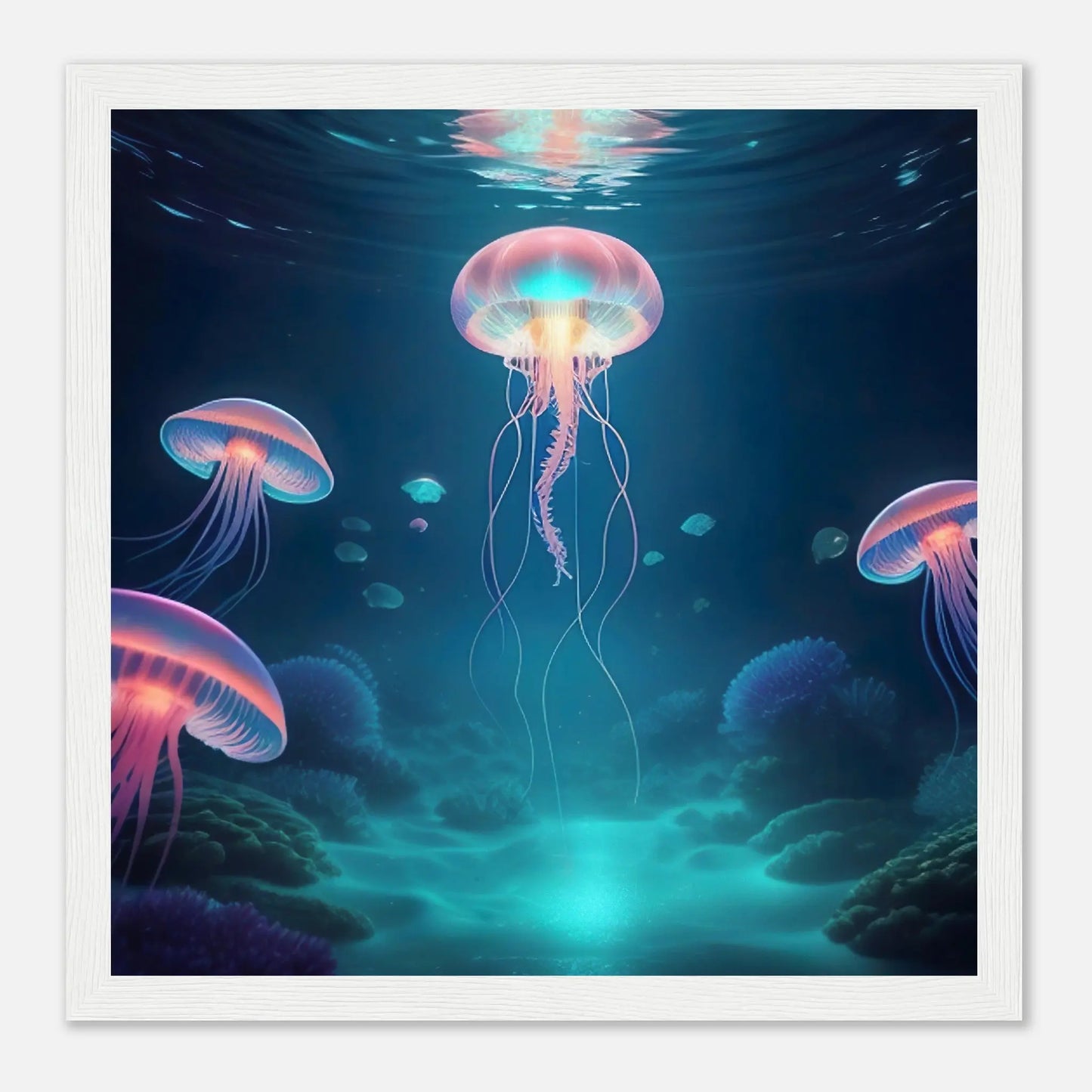 Gerahmtes Premium-Poster - Quallen - Digitaler Stil, KI-Kunst - RolConArt, Unterwasserlandschaften, 30x30-cm-12x12-Weißer-Rahmen