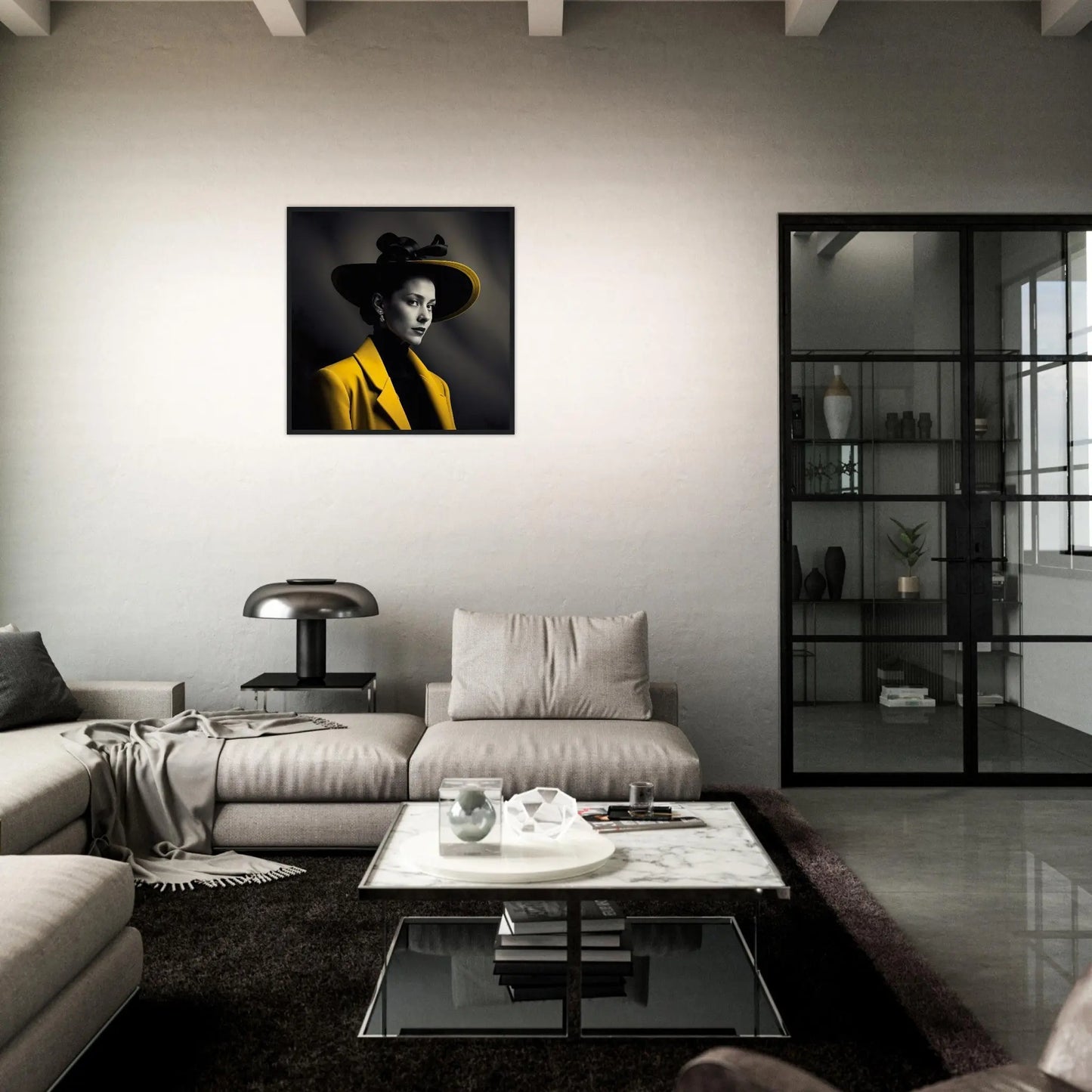 Gerahmtes Premium-Poster - Frau im gelben Mantel - Schwarz-Weiß, KI-Kunst - RolConArt, Schwarz-Weiß mit Akzentfarben,