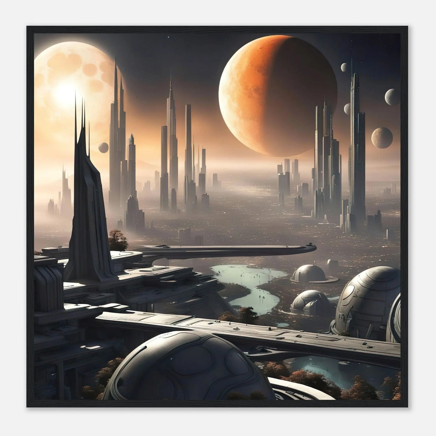 Gerahmtes Premium-Poster -Futuristische Welt- Digitaler Stil, KI-Kunst - RolConArt, Sci-Fi, 70x70-cm-28x28-Schwarzer-Rahmen