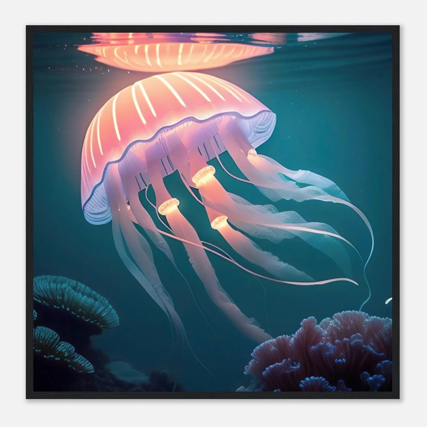 Gerahmtes Premium-Poster - Qualle - Digitaler Stil, KI-Kunst - RolConArt, Unterwasserlandschaften, 70x70-cm-28x28-Schwarzer-Rahmen