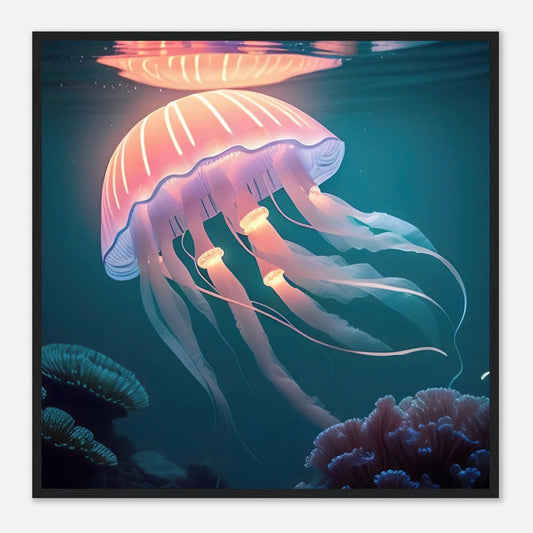 Gerahmtes Premium-Poster - Qualle - Digitaler Stil, KI-Kunst - RolConArt, Unterwasserlandschaften, 70x70-cm-28x28-Schwarzer-Rahmen