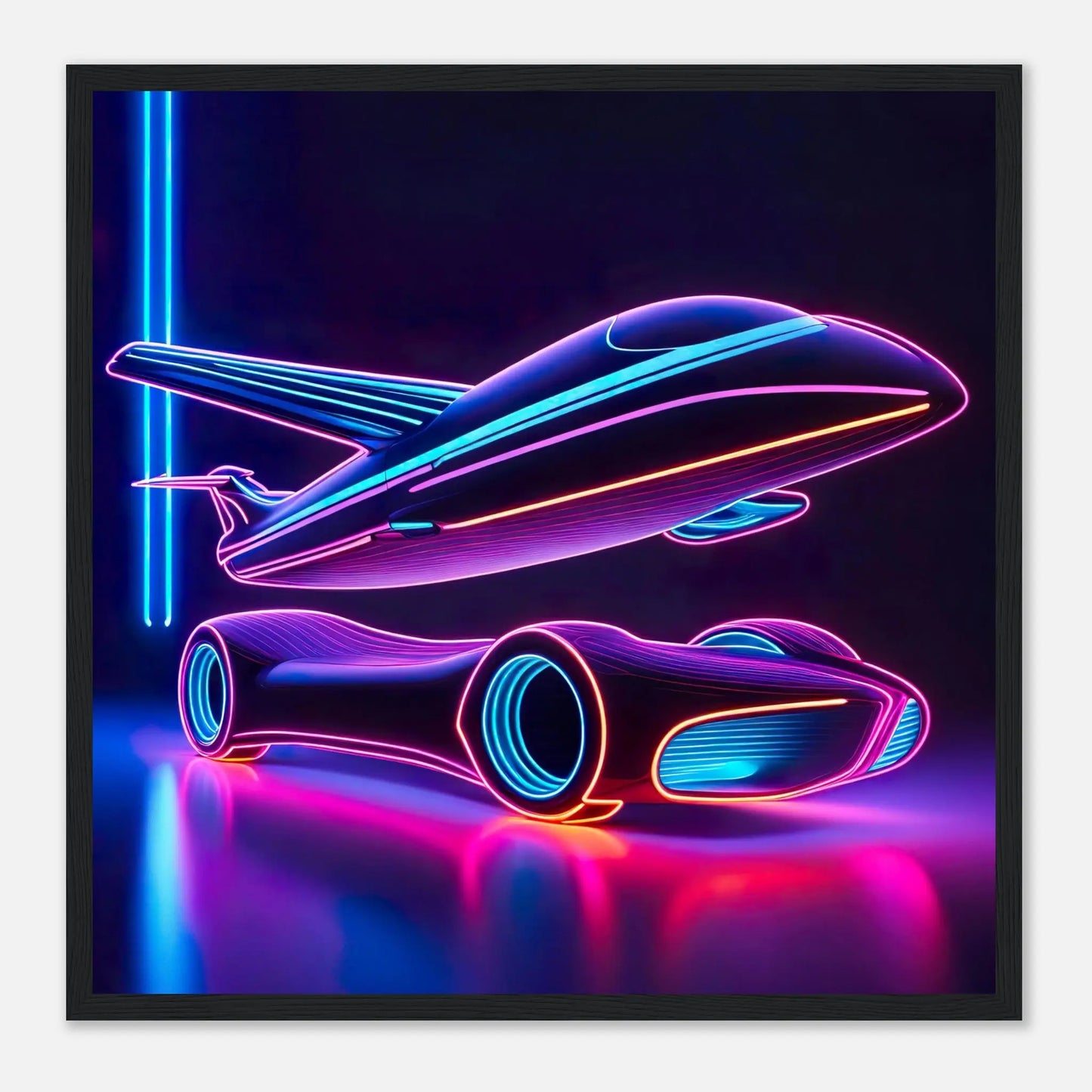 Gerahmtes Premium-Poster -Futuristisches Fahrzeug- Neon Stil, KI-Kunst - RolConArt, Neon, 50x50-cm-20x20-Schwarzer-Rahmen