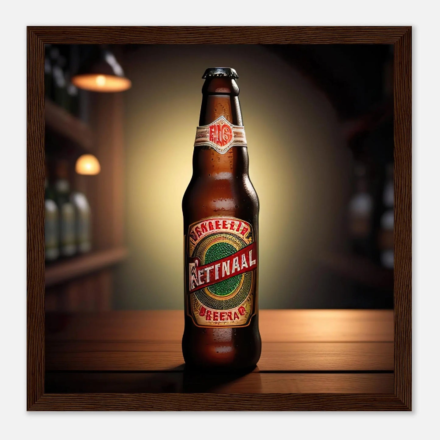 Gerahmtes Premium-Poster - Bierflasche - Foto Stil, KI-Kunst - RolConArt, Kreative Vielfalt, 30x30-cm-12x12-Dunkler-Holzrahmen