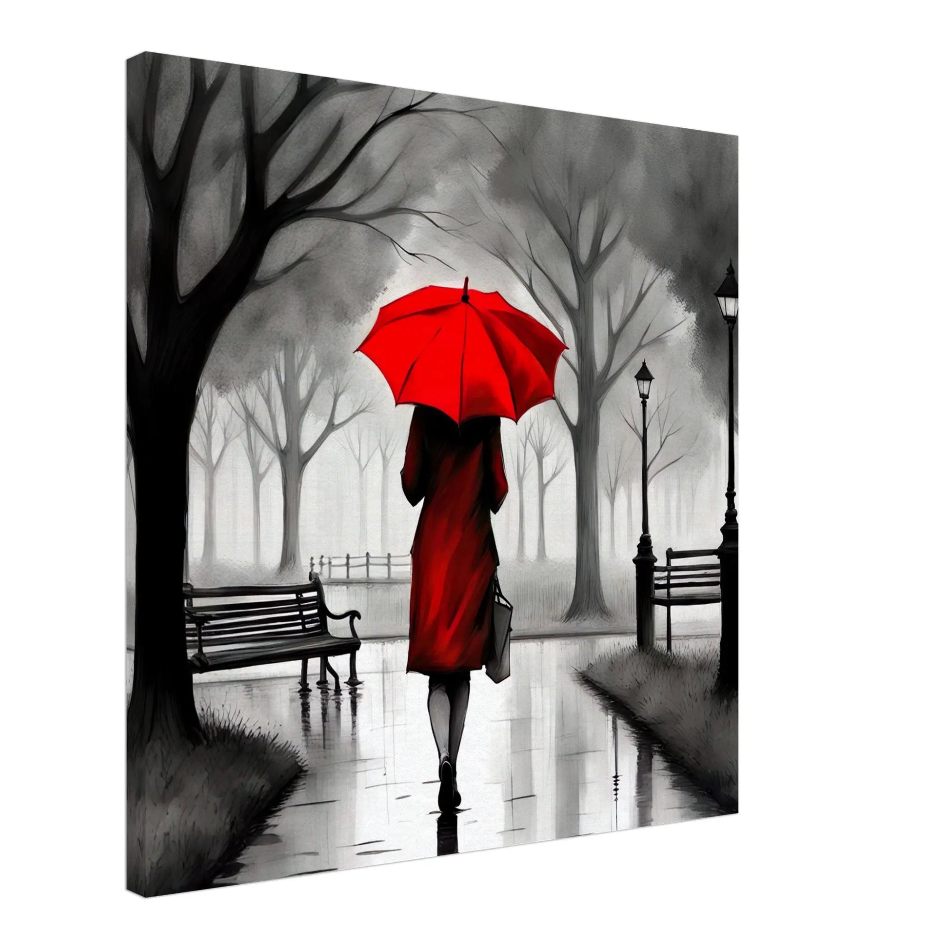 Leinwandbild - Frau mit rotem Regenschirm  - Schwarz-Weiß, KI-Kunst - RolConArt, Schwarz-Weiß mit Akzentfarben,