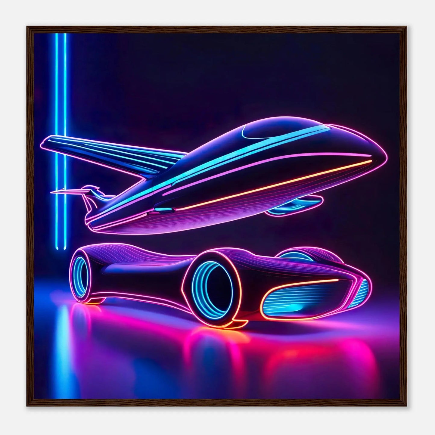 Gerahmtes Premium-Poster -Futuristisches Fahrzeug- Neon Stil, KI-Kunst - RolConArt, Neon, 70x70-cm-28x28-Dunkler-Holzrahmen