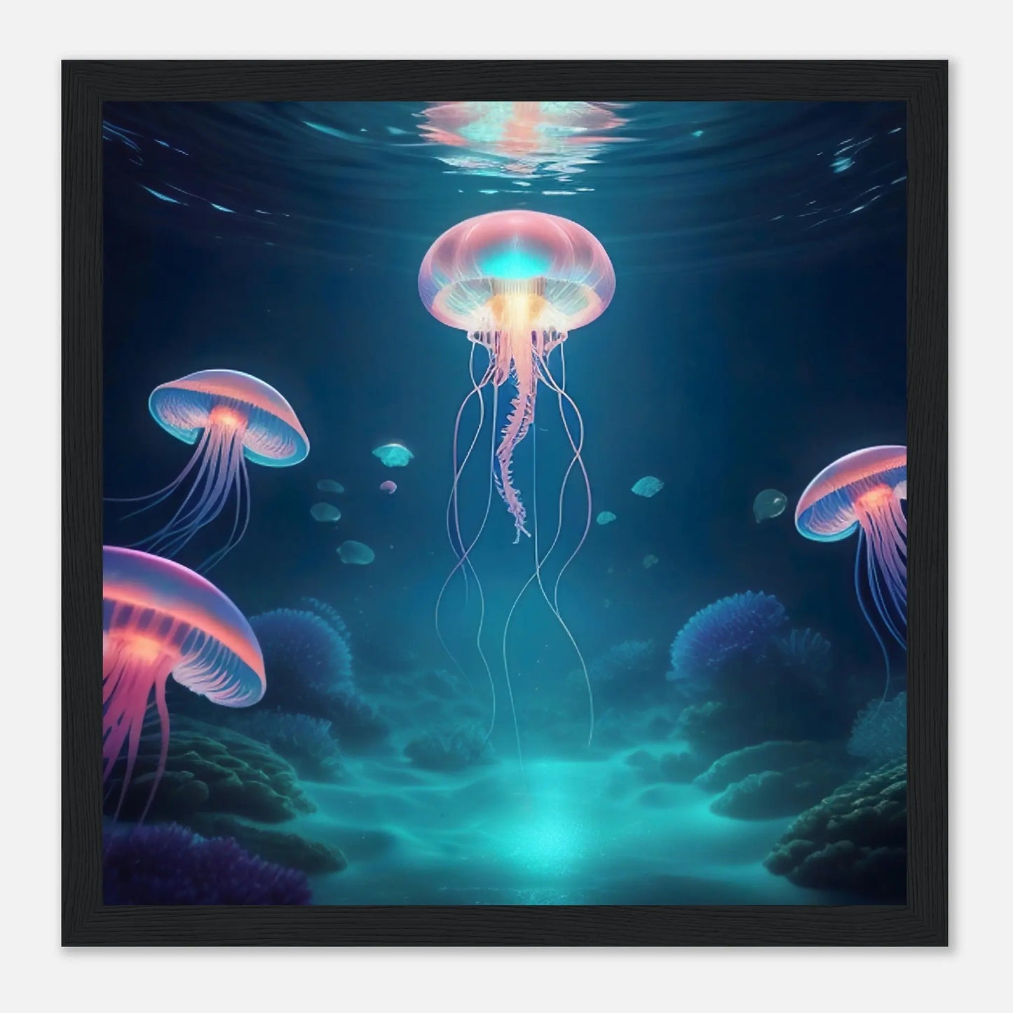 Gerahmtes Premium-Poster - Quallen - Digitaler Stil, KI-Kunst - RolConArt, Unterwasserlandschaften, 30x30-cm-12x12-Schwarzer-Rahmen