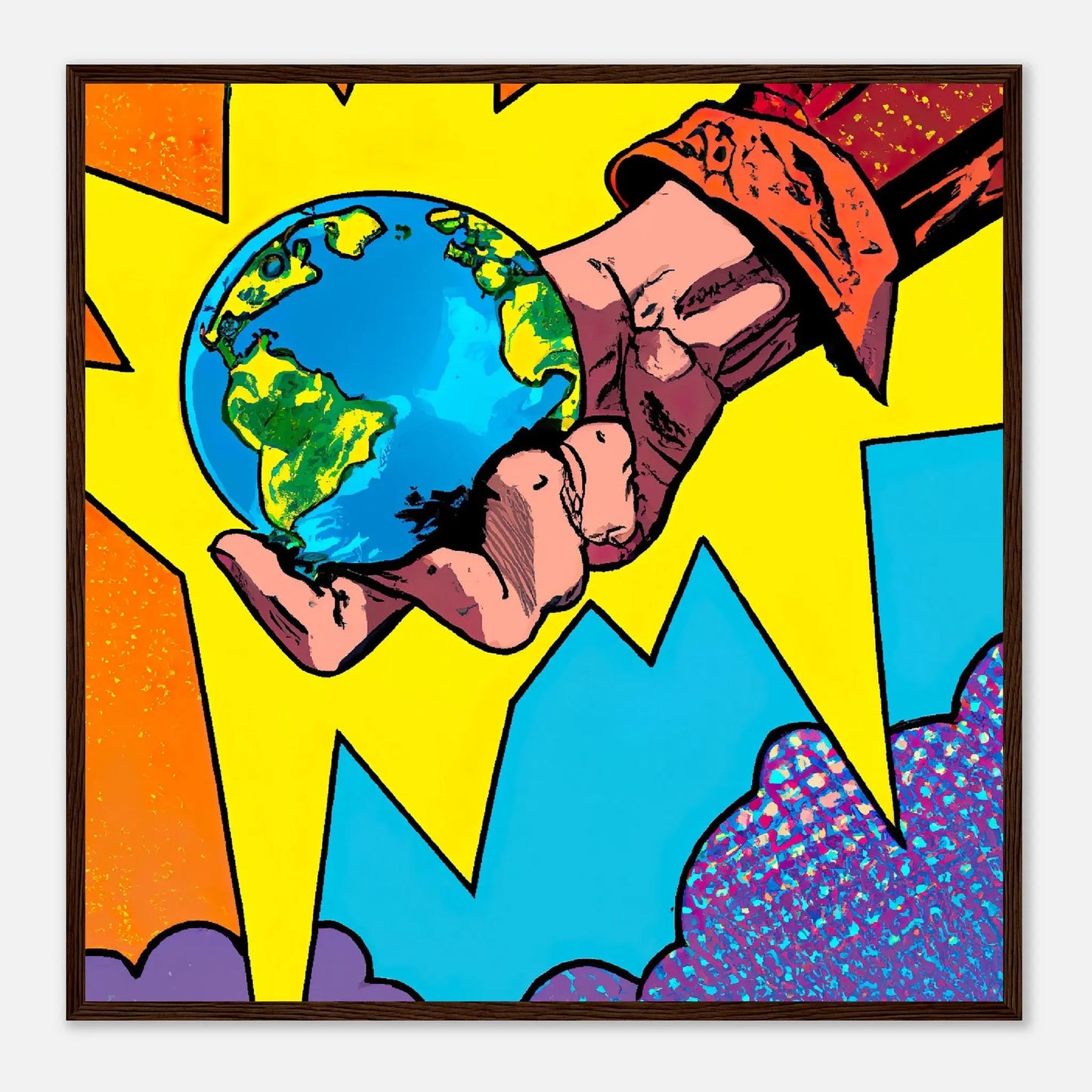 Gerahmtes Premium-Poster - Planet in der Hand - Cartoon Stil, KI-Kunst - RolConArt, Cartoon, 70x70-cm-28x28-Dunkles-Holz