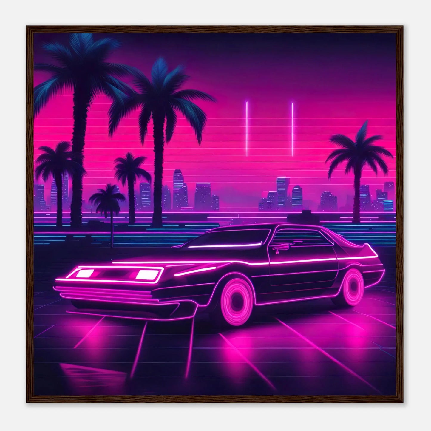 Gerahmtes Premium-Poster - Retro Auto - Neon Stil, KI-Kunst - RolConArt, Neon, 70x70-cm-28x28-Dunkler-Holzrahmen